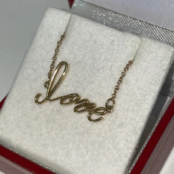 Solid Stamped14K Yellow Gold Word LOVE Cursive Script Text Necklace